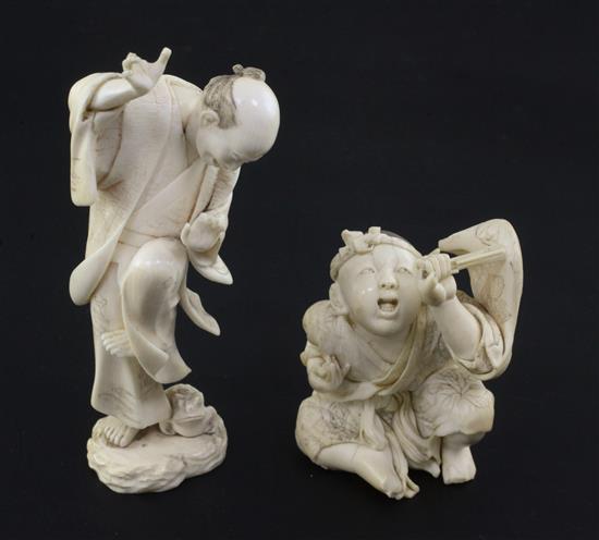 Two Japanese ivory okimono, Meiji period, 12.5cm, both with losses